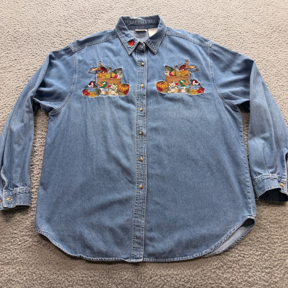 Bobbie Brooks Denim Shirt Womens XL Blue Fall Harvest Embroidered Button Down